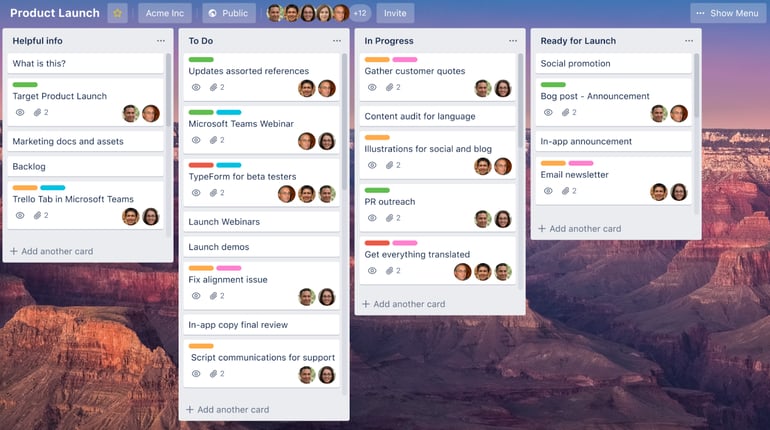 Trello Kanban board for a product launch project, displaying task cards organized into columns such as To Do, In Progress, and Ready for Launch.