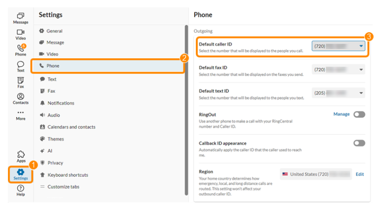 RingCentral's settings for enabling caller ID.