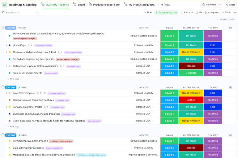 ClickUp roadmap interface showing quarterly tasks with initiative labels, squad assignments, and release status indicators for planning product development.