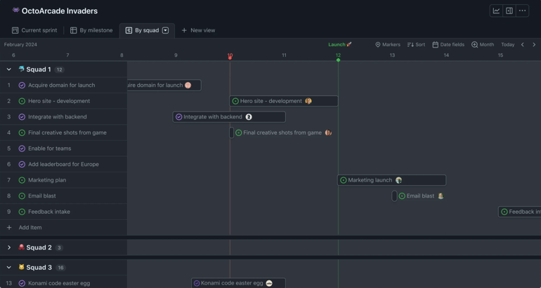 GitHub project timeline displaying tasks aligned on a calendar with squad grouping and milestone markers for tracking development schedules.