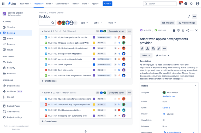 Jira backlog interface showing sprint tasks with statuses, assignees, story points, and issue details used for agile sprint management.