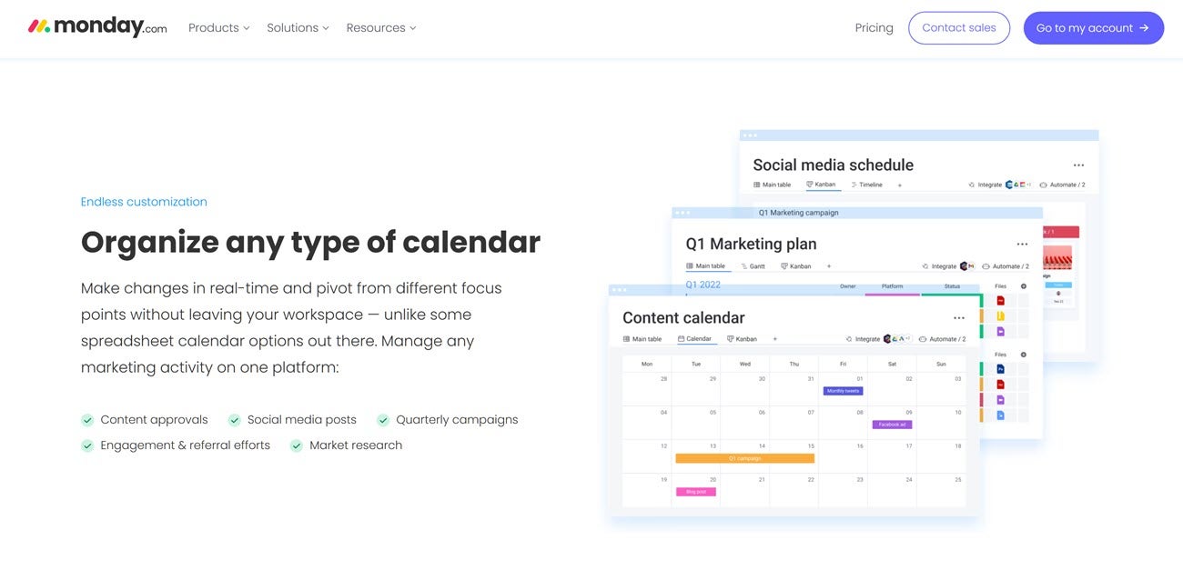 Three example images of a monday.com calendar for content planning, Q1 marketing plans, and social media scheduling. 