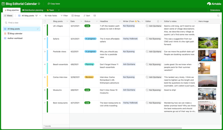 Screenshot of Airtable’s blog editorial calendar showing a list of posts with their status, publish date, assigned writer, editor’s notes, and hero image. 