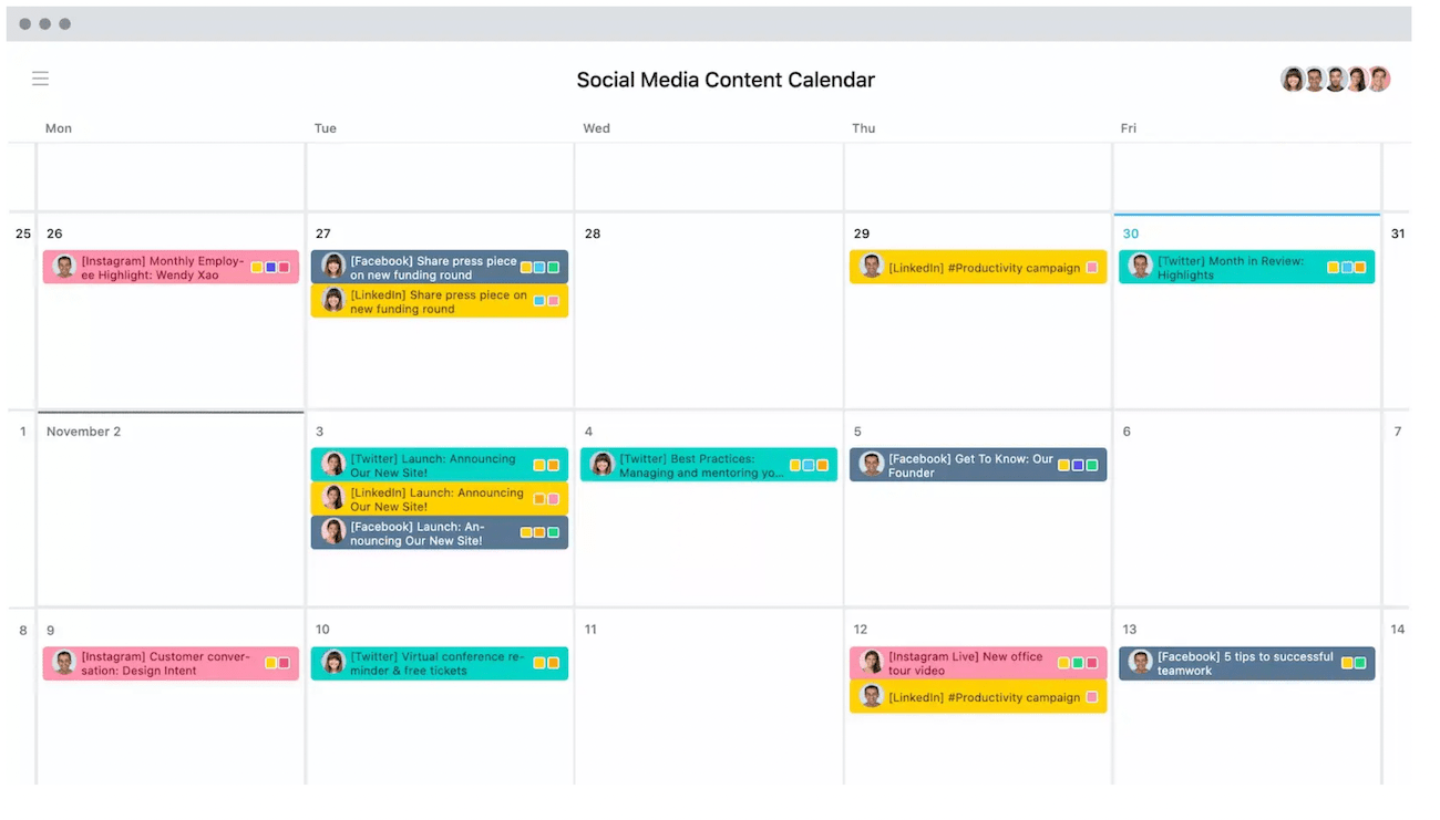 An example of Asana’s social media content calendar showing three weeks of scheduled posts using different colors for each channel, and faces for team members responsible for each task.