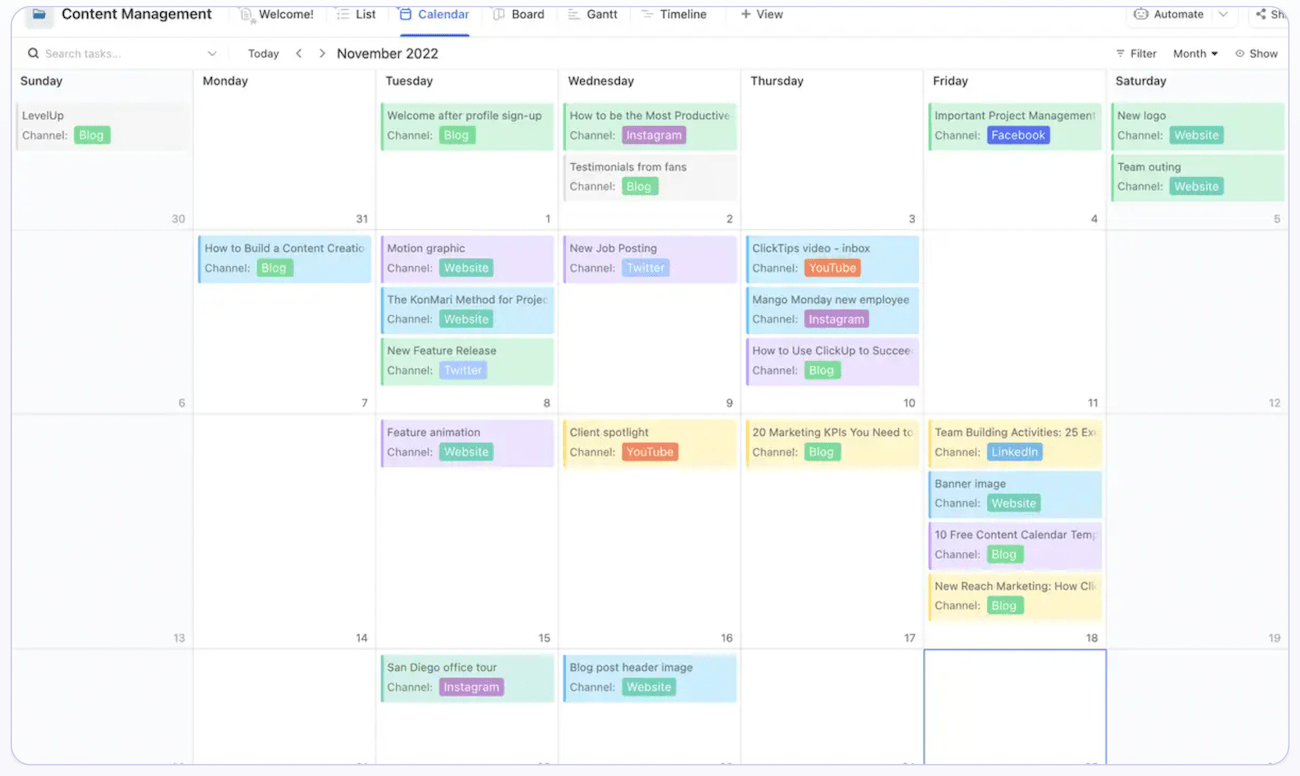 A ClickUp calendar template that’s filled with different types of content to be scheduled, using colors and tags to keep things organized. 