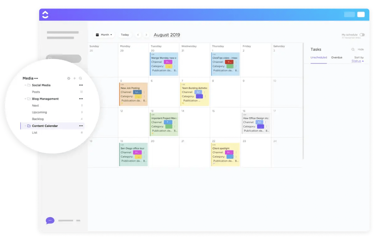 A calendar showing eight different posts for the month using different colors to designate the status of each one.