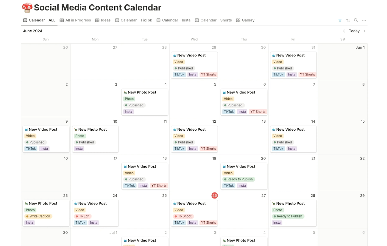 A monthly calendar showing different types of social media posts scheduled for publishing, with tags on each one to designate the channel and status. 