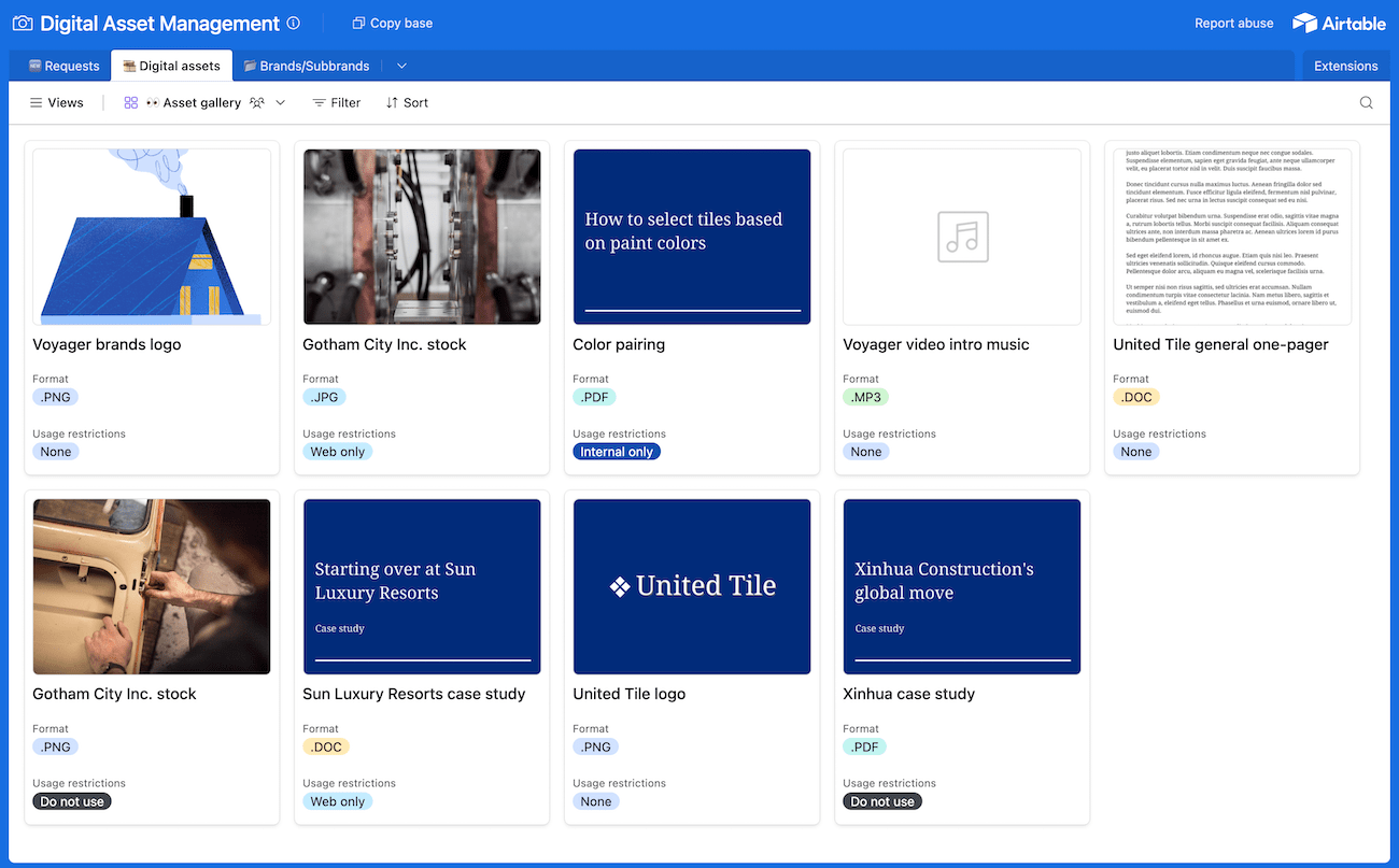 Airtable’s digital asset management template showing a variety of digital assets, including PNG files, JPG files, PDFs, Docs, and more.