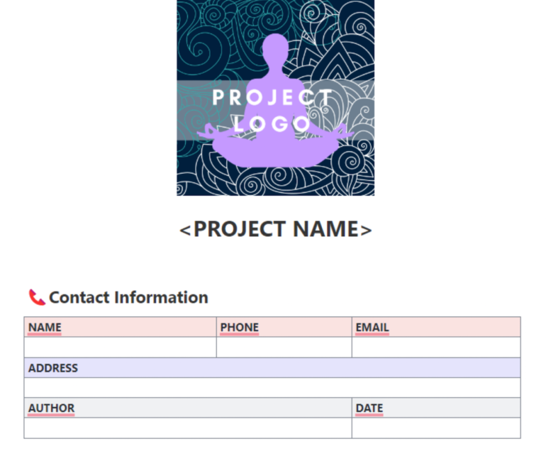 The first page of a marketing strategy template, with a placeholder image for the project, placeholder project name, and contact information section for the person creating it.