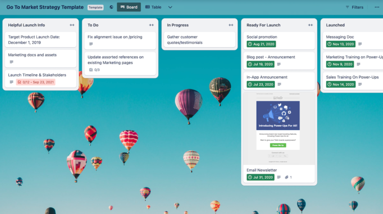 A Trello Kanban board with hot air balloons as the background. 