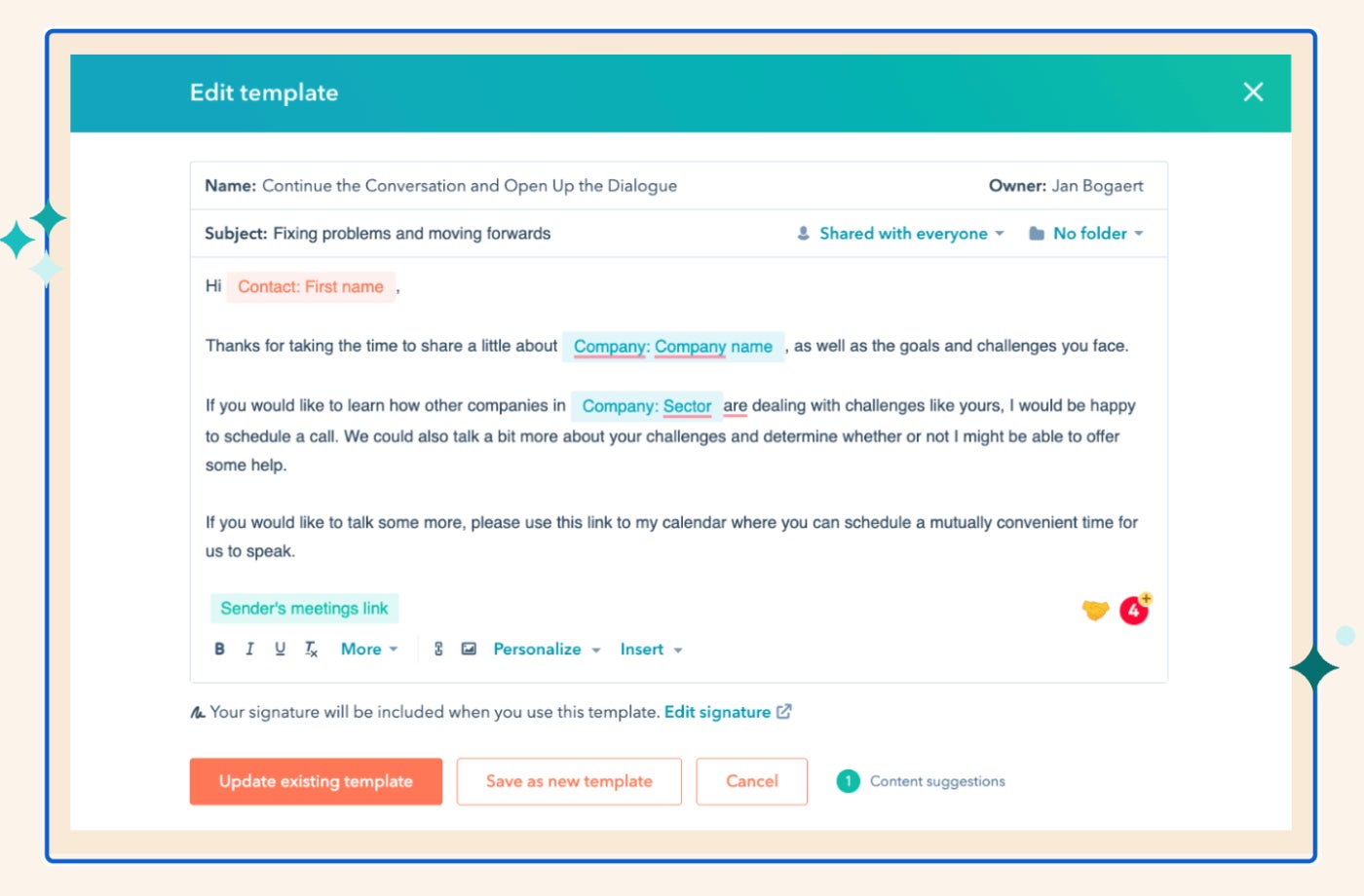 HubSpot email template feature.