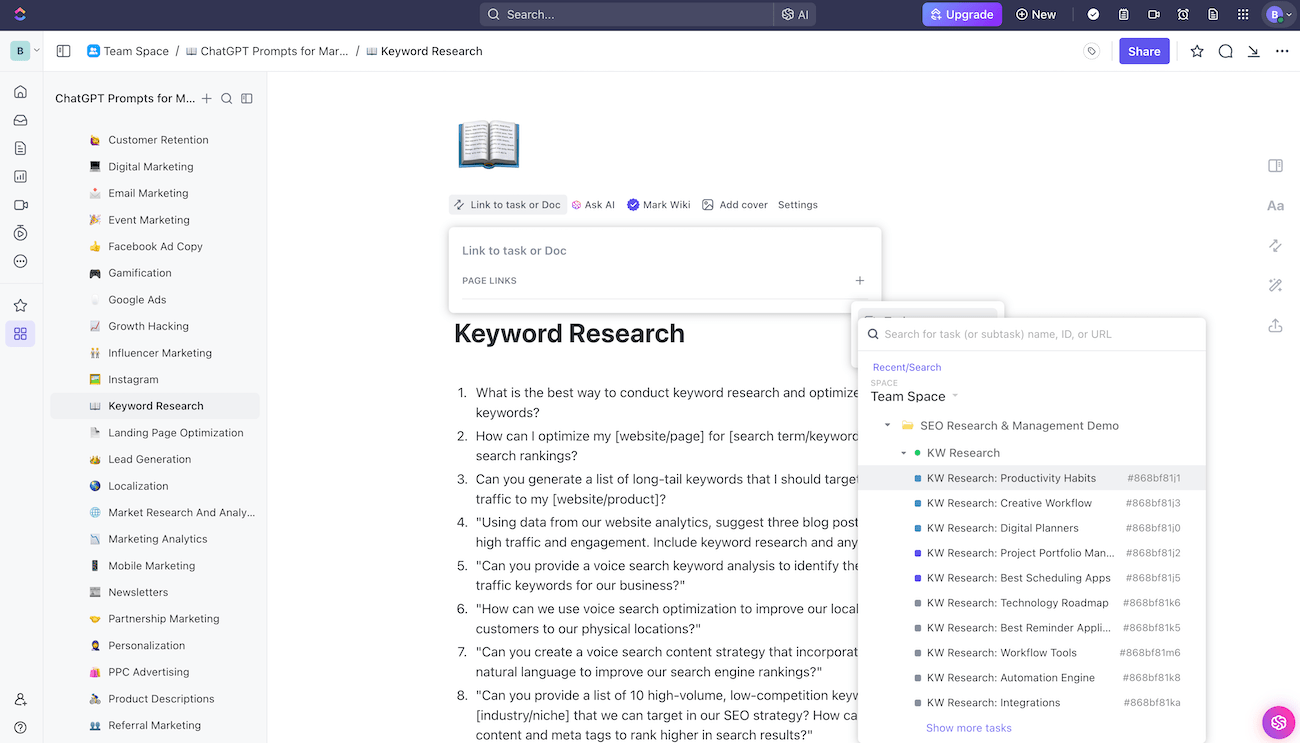 ChatGPT prompts for keyword research in ClickUp, showing steps for linking the results to a task on another project board.