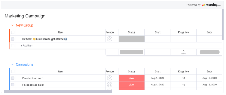 Snippet of monday.com’s marketing campaign template showing a project board with three campaign tasks color-coded by status. 