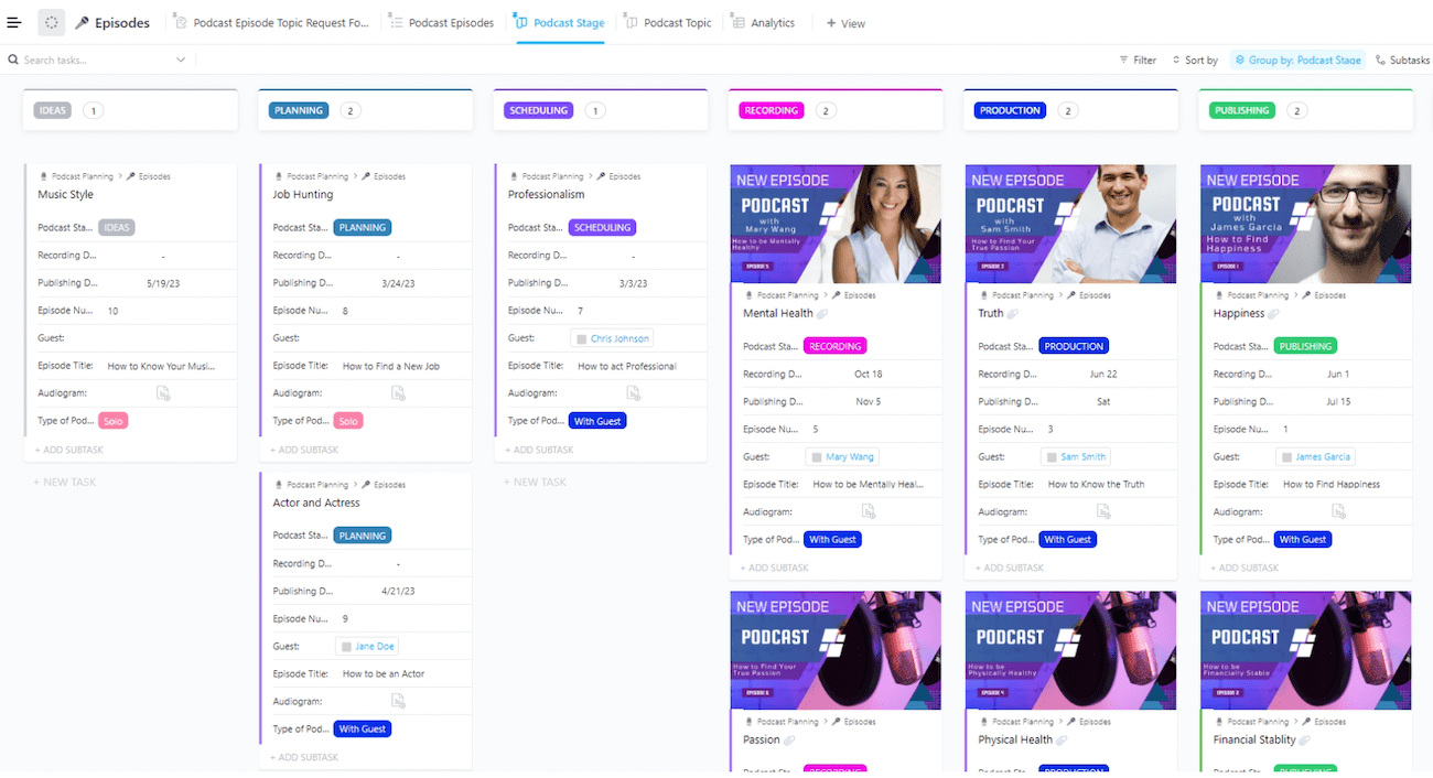 A podcast planning board that includes each stage of the production process with images and color-coded tags. 