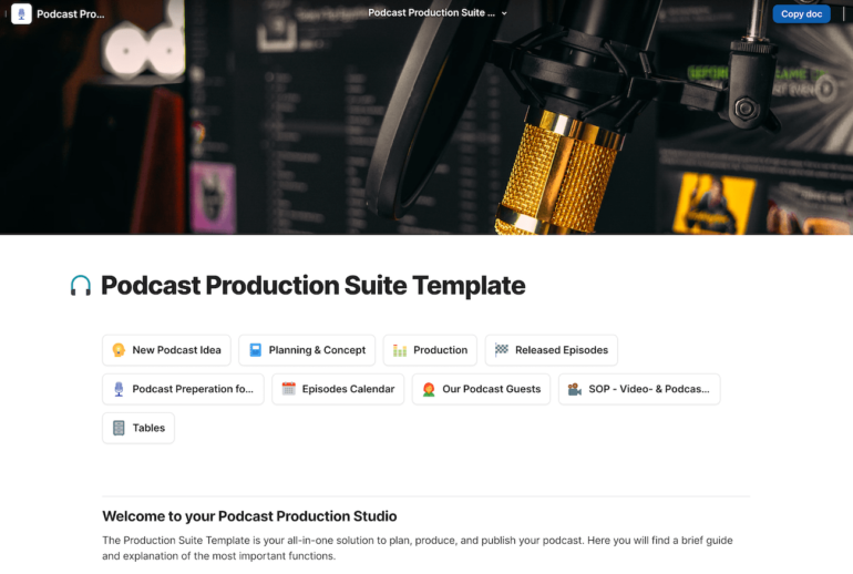 A hero image of a microphone in Coda’s podcast production suite template, with a button for each section of the suite.