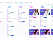 A podcast planning board that includes each stage of the production process with images and color-coded tags. 