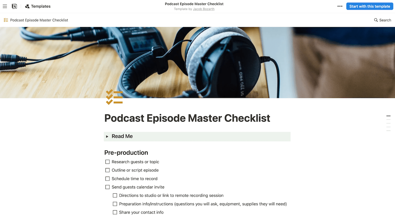 Headphones on a table and pre-production checklist items for a podcast episode.