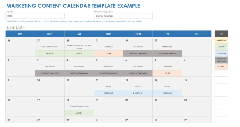 A sample marketing content calendar template showing a month view with different colors to categorize items. 