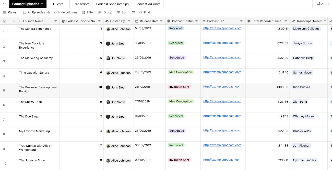 A list of podcast episodes tagged by production status within Stackby. 