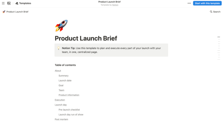 Notion’s product launch brief template as a blank document with a rocket emoji at the top of the page.