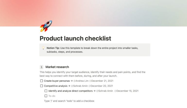 Notion’s product launch checklist template with a rocket emoji and three sample tasks for the market research section.