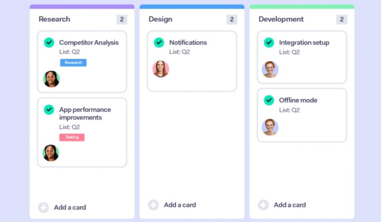 Five tasks in a Teamwork board segmented into stages for research, design, and development.