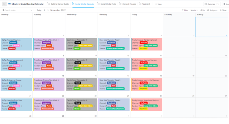 A social media calendar from ClickUp with 20 posts scheduled on a color-coded calendar.