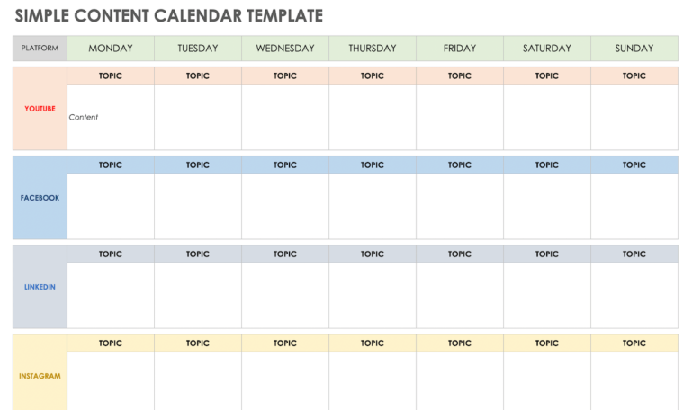 A blank social calendar template from Smartsheet showing seven days of the week as columns and social media platforms as rows. 