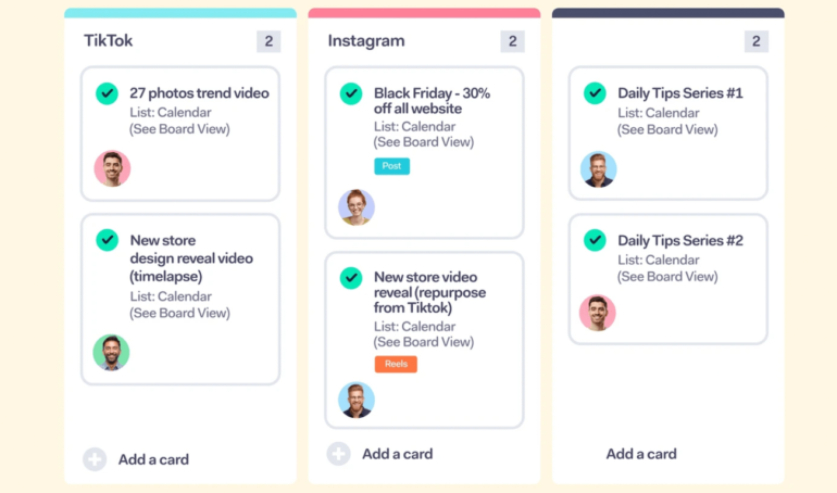 A social media board with upcoming posts organized into columns for TikTok and Instagram.