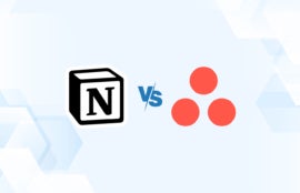 Versus graphic featuring the icons of Notion and Asana.