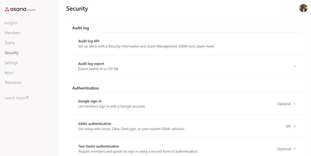 Asana admin security screen.