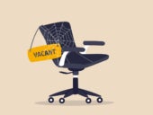 Flat vector illustration of an office chair with sign vacant covered by spider web.