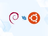 Versus graphic featuring the icons of Debian and Ubuntu.