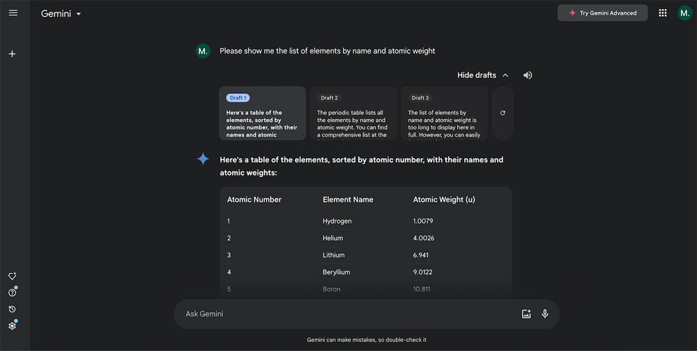 Gemini displaying data in table form.