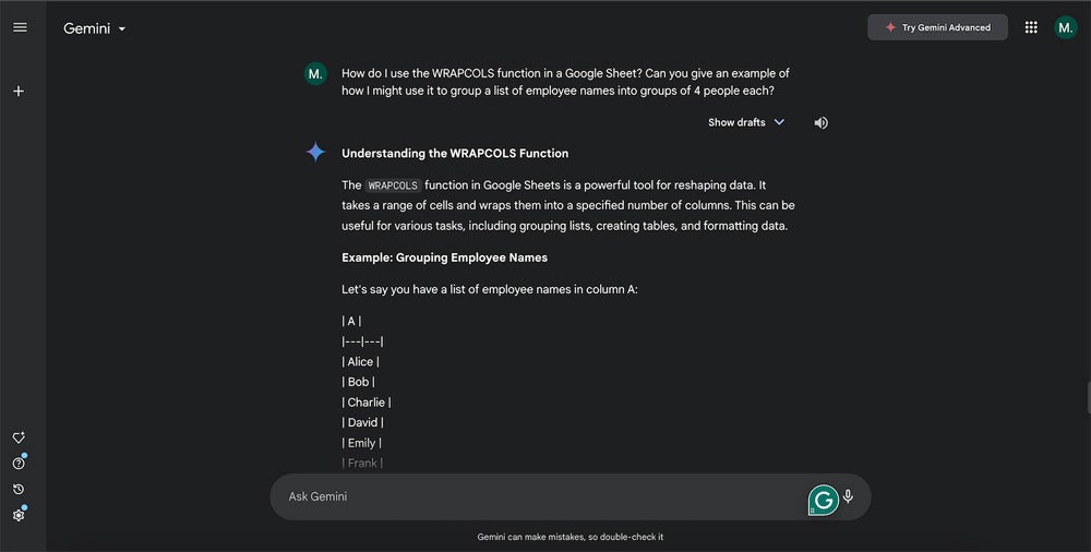 Gemini explaining and giving examples on how WRAPCOLS function is used.