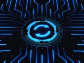 Neon blue update patch icon on glowing circuit pattern background.