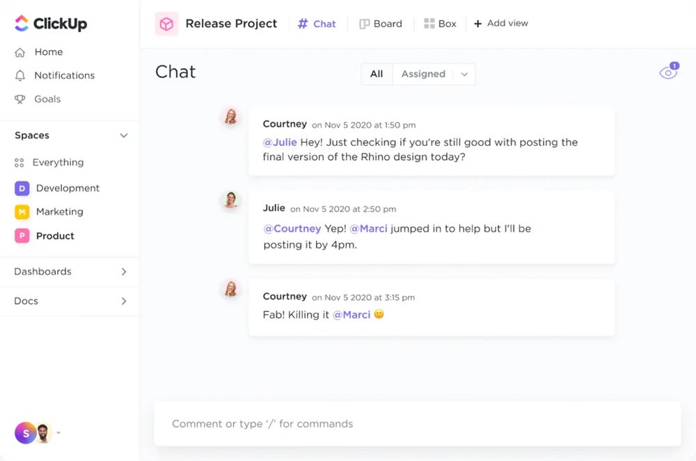 Sample chat in ClickUp.