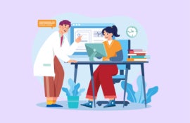 Flat vector illustration of medical professionals discussing medical data from computer.