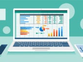 Flat vector illustration of a spreadsheet running on a laptop.