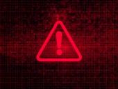 Red warning icon on abstract red background with binary code.