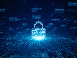 Digital lock icon on high speed data channel background.