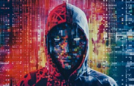 Hacker in mask on dark background with digital effects.