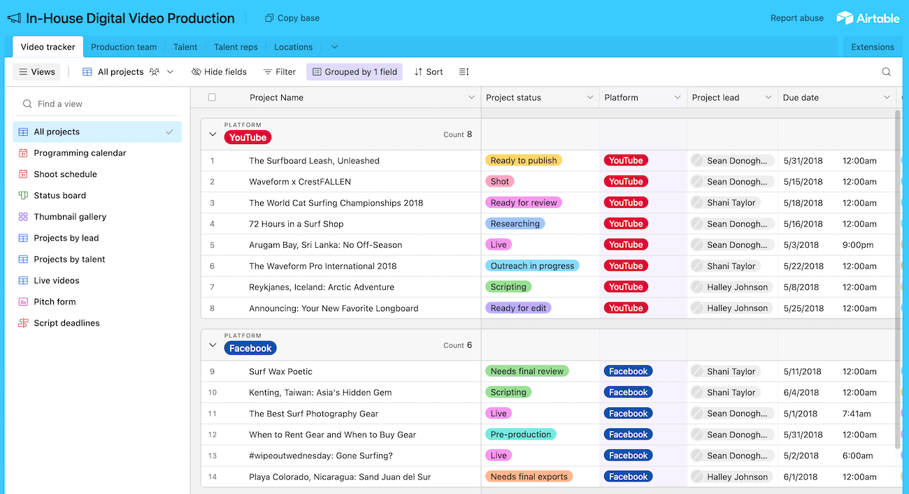 Airtable’s in-house digital video production template with a list view of tasks categorized by platform.