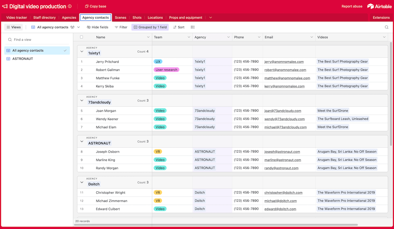 Airtable’s digital video production template showing the agency contacts table.