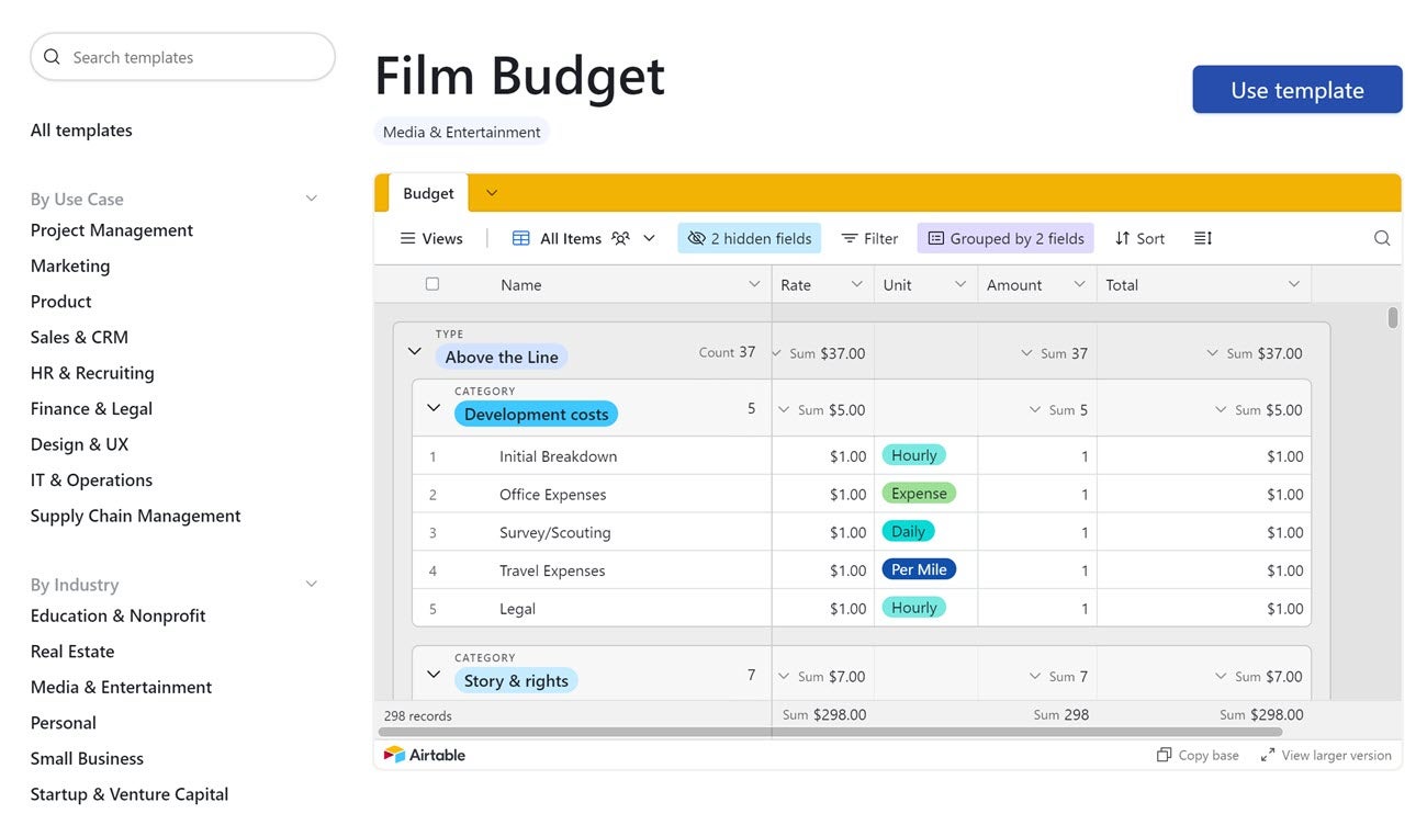 A film budget in Airtable showing 12 line items of expenses, grouped by category and tagged by unit costs. 