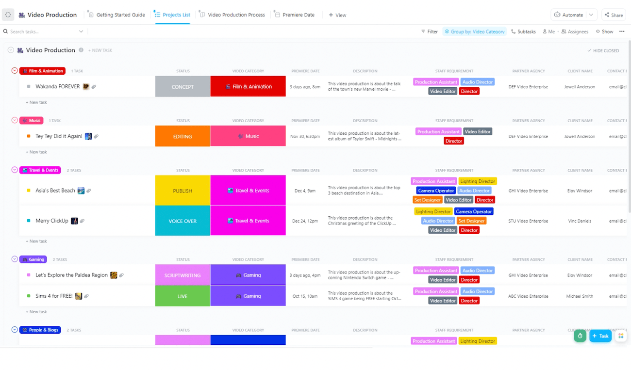 ClickUp’s video production template showing a list view of tasks organized by color, status, and tags. 