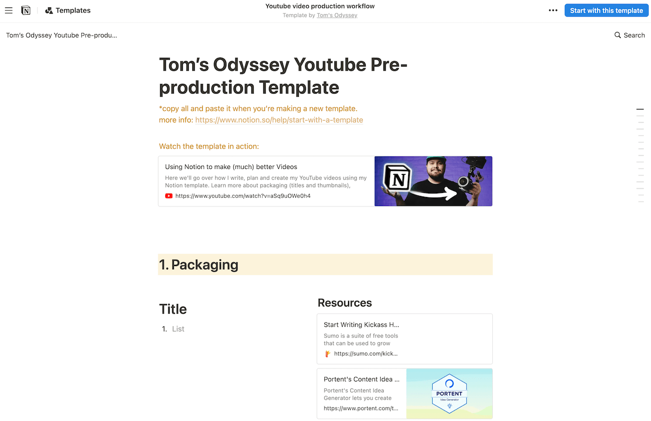 A template in Notion for YouTube video production showing the first section related to video packaging. 