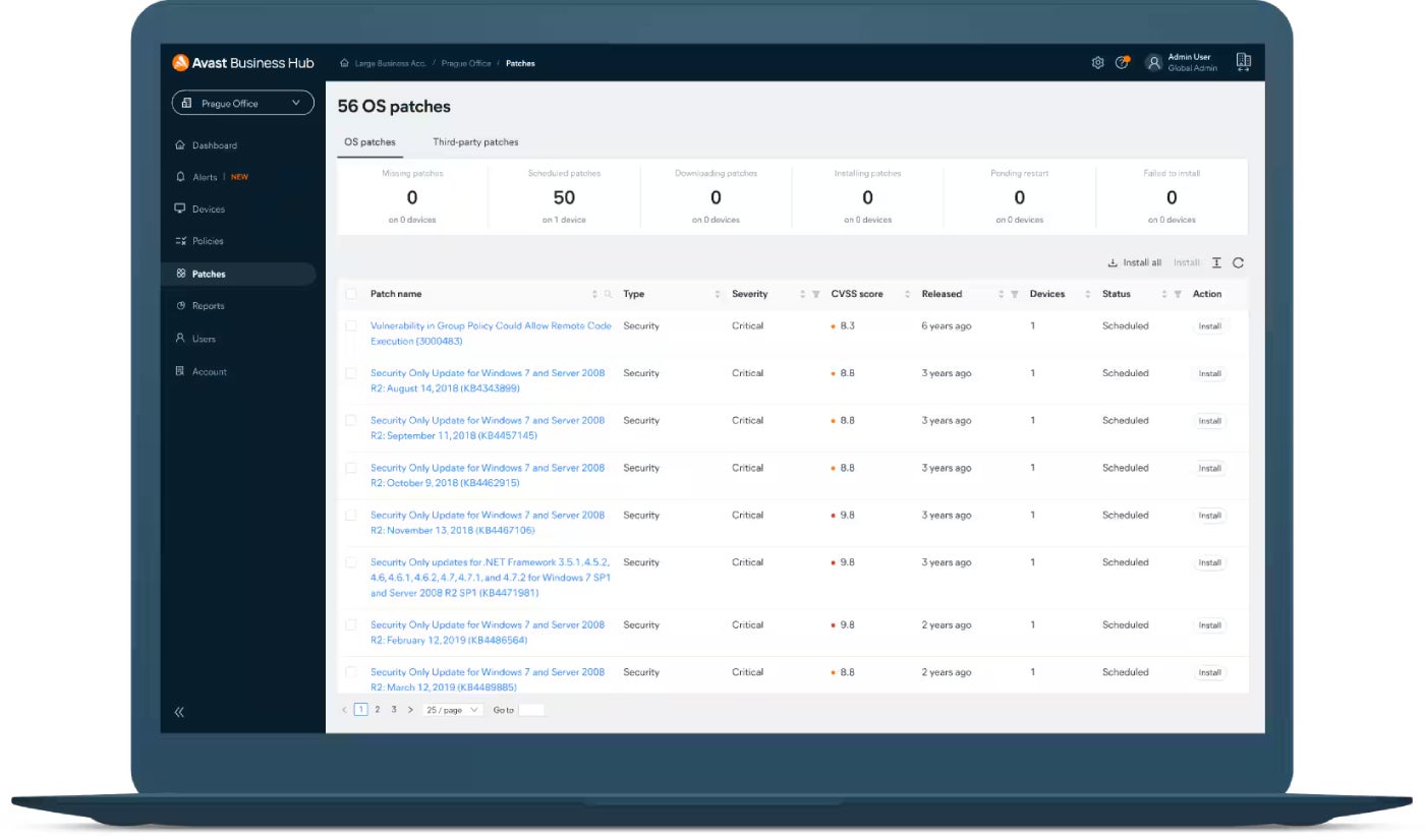 Avast Business Patch Management’s OS patch screen.