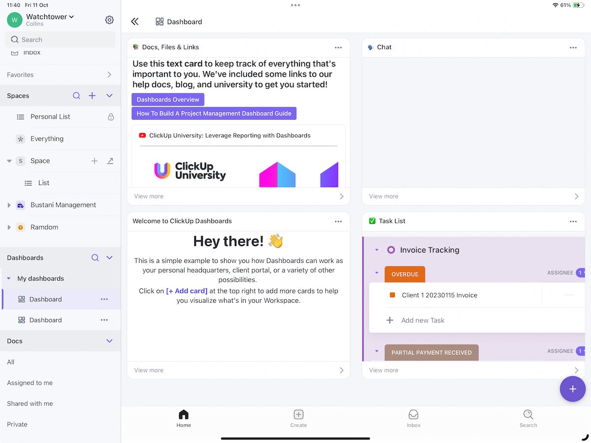 ClickUp’s dashboard on iPadOS.