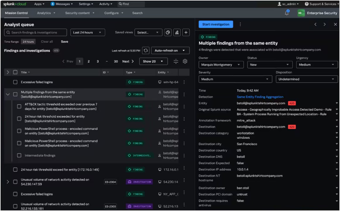 Findings and investigations menu in Splunk.